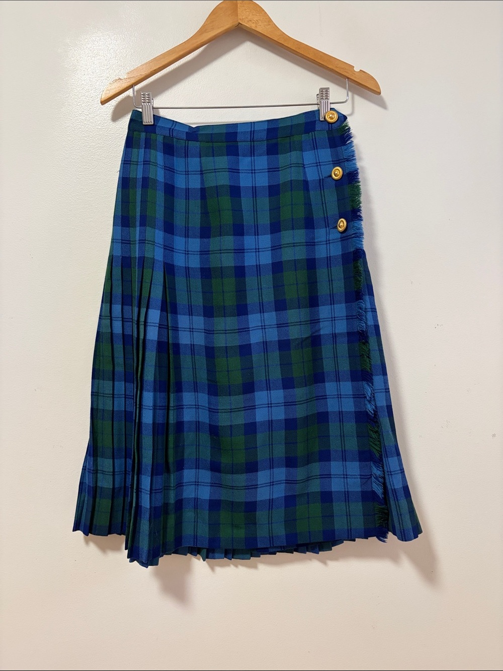 Vintage Kilt Womens Small Medium Blue Green Tartan Plaid Pleated Midi Skirt